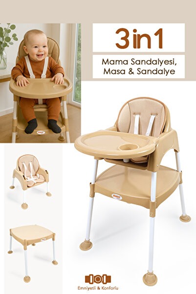 3in1 Bebek Mama Sandalyesi - Çalışma Masalı Mama Sandalyesi Minderli Mama Oturağı Bej
