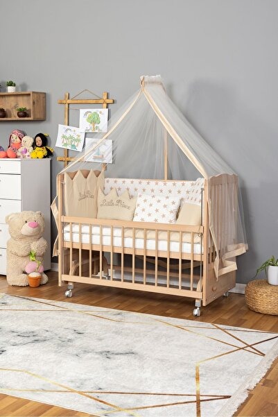 Ahşap Anne Yanı Bebek Beşiği 60x120 Portatif Tekerlekli Boyasız