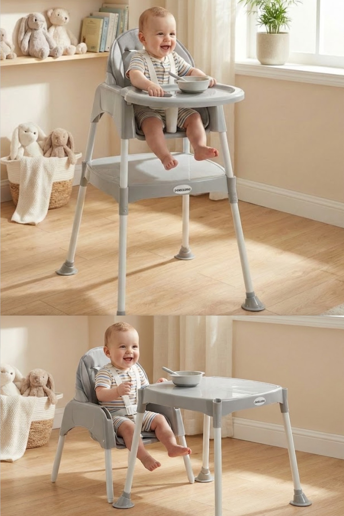 Pretty 3 in1 Çalışma Masalı ve Minderli Mama Sandalyesi Gri