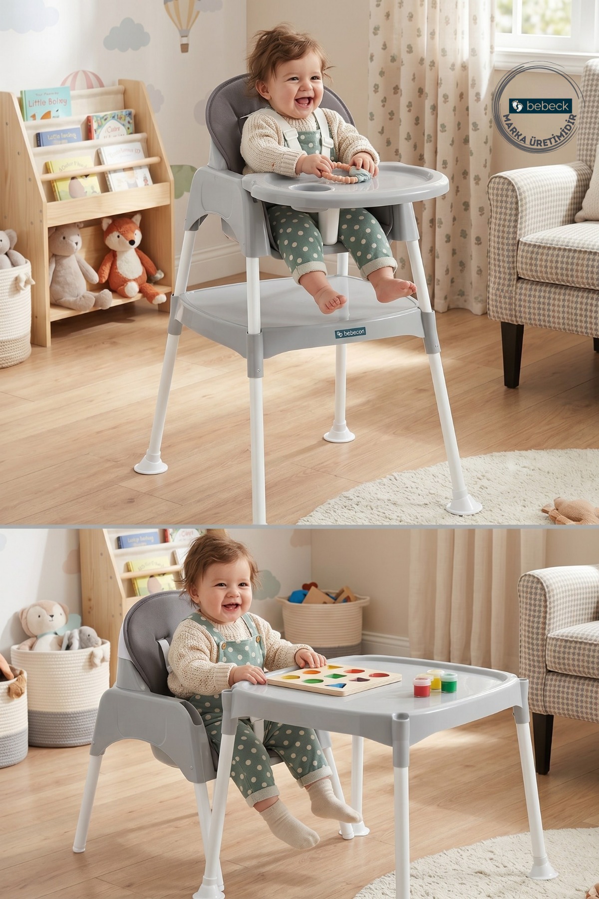 Çalışma Masalı Tabureli Pedli 3in1 Mama Sandalyesi (METAL AYAKLI)